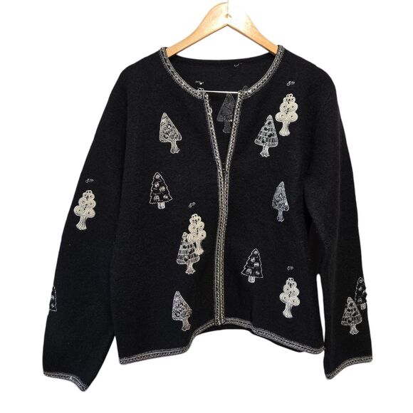Vintage SUSAN BRISTOL Wool Sweater Full Zip Embroidered Christmas Black/White XL - Picture 2 of 5
